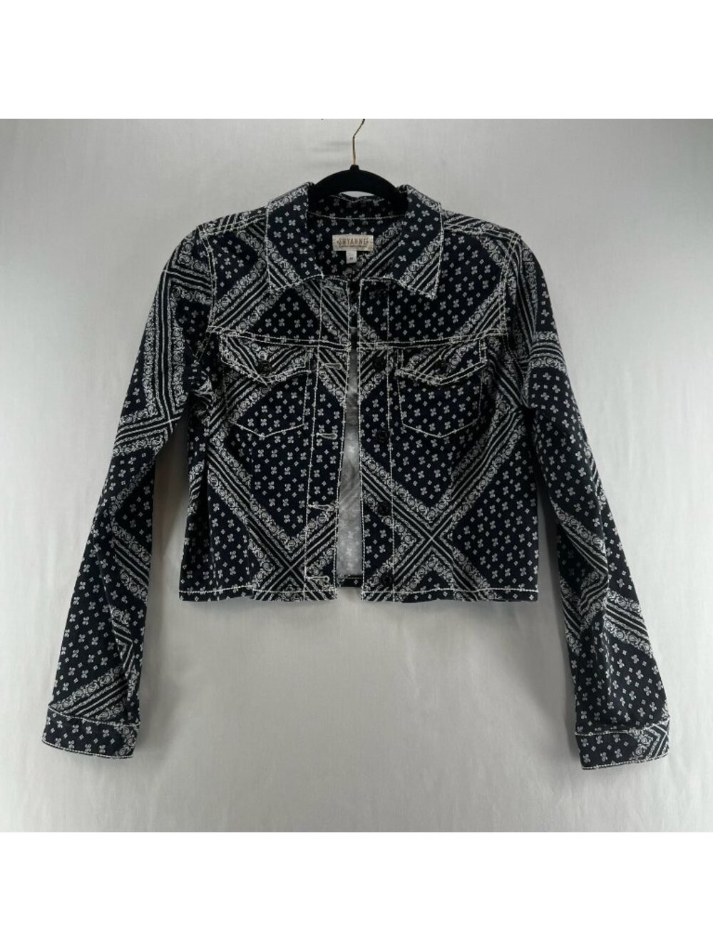 Shyanne Bandana Denim Jacket Womens M Paisley Crop Button Trucker Stretch Black